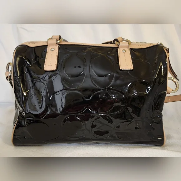 Coach Peyton Tan And Black Patent Leather Satchel with Quilted Design - Picture 3 of 11